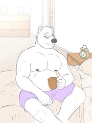  3:4 alarm_clock bear bed brown_eyes clock clothed clothing container cup drinking eyewear fur furniture glasses hair holding_container holding_cup holding_object inside looking_down male mammal nipples on_bed pecs pillow polar_bear rain-yatsu seattle_fur sitting smile solo topless ursine white_body white_fur white_hair 