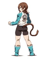  ass bad_id bad_twitter_id bike_shorts blue_footwear boots brown_eyes brown_hair clenched_hands commentary_request dragon_ball dragon_ball_xenoverse female from_behind full_body highres legs_apart long_sleeves looking_at_viewer looking_back mirai_senshi monkey_tail saiyan simple_background solo standing tail tail_through_clothes tasaka_shinnosuke white_background 