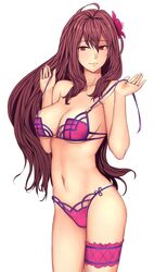  absurdres bikini breasts brown_hair cleavage collarbone commentary_request fate/grand_order fate_(series) female floating_hair flower groin hair_between_eyes hair_flower hair_ornament highres large_breasts long_hair looking_at_viewer navel purple_bikini red_eyes red_flower scathach_(fate) scathach_(swimsuit_assassin)_(fate) simple_background solo sosona standing swimsuit thigh_strap underboob untied_bikini very_long_hair white_background 