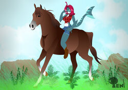  absurd_res anthro duo edo_nova equid equine fish hi_res horse mammal marine riding shark umi 