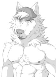  abs aluminemsiren anthro backwards_baseball_cap backwards_hat baseball_cap biceps canid canine canis chest_tuft clothing facial_hair fur hat headgear headwear male mammal muscular muscular_anthro muscular_male nipples pecs solo tre_(vasuki) tuft wolf 