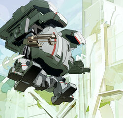  commentary_request grenadier_(hawken) hawken highres jumping mecha no_humans oom robot science_fiction sky 