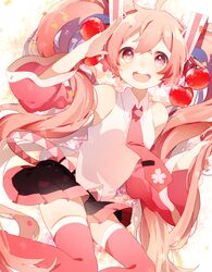  cherry commentary_request detached_sleeves female food fruit hatsune_miku komadori_ui long_hair looking_at_viewer necktie open_mouth pink_eyes pink_hair sakura_miku salute skirt solo thighhighs twintails very_long_hair vocaloid 