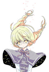  blonde_hair braid capelet female flat_chest floating_hair glasses long_hair mizutama sakurame_kirie semi-rimless_eyewear solo sparkle twin_braids under-rim_eyewear upper_body uq_holder! v_arms yellow_eyes 