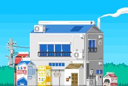  animated animated arms_up black_hair blue_sky canine chimney day doghouse drinking_straw house lowres milk_carton no_humans original outdoors pixel_art power_lines sky smoke sunlight toyoi_yuuta utility_pole window 