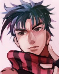  1boy bad_id bad_pixiv_id blue_hair brown_eyes fingerless_gloves gloves jojo_no_kimyou_na_bouken joseph_joestar joseph_joestar_(young) lowres male_focus scarf sn2562 solo striped_clothes striped_scarf upper_body 