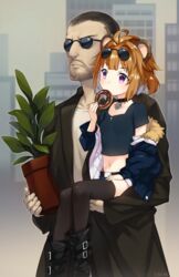  1boy aged_down animal_ears bear_ears brown_hair choker coat commentary_request doughnut eating eyewear_on_head facial_hair female food fur_trim girls&#039;_frontline glasses grizzly_mkv_(girls&#039;_frontline) grizzly_mkv_(teddy_transform!)_(girls&#039;_frontline) jacket leon_(leon_the_professional) leon_the_professional official_alternate_costume plant potted_plant purple_eyes short_hair stubble thighhighs trench_coat tsuki_tokage 