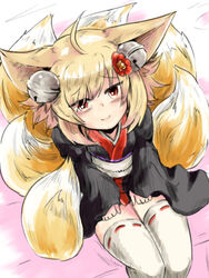  ahoge animal_ears bell blonde_hair blush commentary_request female flower fox_ears fox_tail hair_bell hair_flower hair_ornament hands_on_lap inari_(sennen_sensou_aigis) japanese_clothes kitsune koko_(hm142533) looking_at_viewer looking_up multiple_tails on_bed red_eyes ribbon-trimmed_legwear ribbon_trim sennen_sensou_aigis sitting smile solo tail thighhighs white_thighhighs 