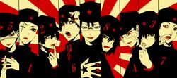  6+boys androgynous black_hair dafu_(litchi_hikari_club) dentaku_(litchi_hikari_club) eyepatch frown gakuran glasses hat highres jaibo_(litchi_hikari_club) kaneda_(litchi_hikari_club) litchi_hikari_club multiple_boys muted_color nico_(litchi_hikari_club) open_mouth peaked_cap raizou_(litchi_hikari_club) red_eyes scar school_uniform short_hair smile tamiya_(litchi_hikari_club) tongue tongue_out yakobu_(litchi_hikari_club) yyy_(orcrsy) 