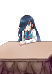  bad_id bad_nicoseiga_id black_hair bow bowtie closed_eyes female hair_over_one_eye hayashimo_(kancolle) kantai_collection kotatsu long_hair okuva open_mouth school_uniform shirt simple_background solo table white_background white_shirt 