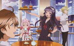  2boys 2girls absurdres daryl_yan dress duplicate food guilty_crown highres koizuka_masashi long_hair multiple_boys multiple_girls ouma_shuu pink_hair school_uniform seifuku tsugumi_(guilty_crown) yuzuriha_inori 