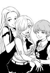  3girls commentary_request earrings elizabeth_liones greyscale hair_over_one_eye jewelry long_hair margaret_liones midriff monochrome multiple_girls nanatsu_no_taizai short_hair siblings sisters takasakiyama_monmon veronica_liones 