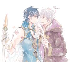  2boys alternate_costume animal_ears blue_eyes blue_hair blush cape chrom_(fire_emblem) chrom_(spring)_(fire_emblem) fire_emblem fire_emblem_awakening fire_emblem_heroes gloves hood male_focus multiple_boys protected_link rabbit_ears robin_(fire_emblem) robin_(male)_(fire_emblem) s_upernova short_hair smile weapon white_hair yaoi 