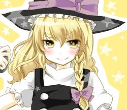  blue_eyes blush braid commentary_request female hat hat_ribbon kirisame_marisa long_hair mushi_baibai ribbon side_braid solo star-shaped_pupils star_(symbol) symbol-shaped_pupils touhou witch_hat yellow_eyes 