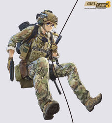  assault_rifle beretta_92 blonde_hair blue_eyes camouflage chin_strap combat_shirt commentary_request female gloves gun h&amp;k_hk416 handgun headphones heckler_&amp;_koch helmet highres holster load_bearing_vest long_hair looking_to_the_side military military_uniform original photoshop_(medium) rappelling realistic rifle rope solo tanto_(tc1995) uniform weapon 