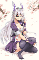  :d arm_ribbon black_thighhighs blush braid breasts cleavage collarbone commentary_request eyepatch female fingernails flower gloves hair_between_eyes half_gloves head_tilt highres holding holding_weapon long_hair looking_at_viewer medium_breasts navel no_shoes open_mouth petals pink_flower pleated_skirt purple_eyes purple_gloves purple_ribbon purple_shirt purple_skirt ribbon shirt sirius_(mod)_(warship_girls_r) sirius_(warship_girls_r) skirt smile solo thighhighs very_long_hair warship_girls_r weapon white_hair zhudacaimiao 