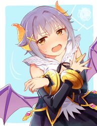  bat_wings blush brown_eyes commentary_request crossed_arms crossover female granblue_fantasy idolmaster idolmaster_cinderella_girls koshimizu_sachiko looking_at_viewer open_mouth purple_hair purple_wings short_hair solo sweatdrop udon_(memai_no_kabe) wings 