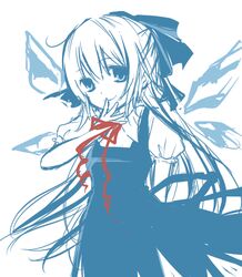  alternate_hairstyle blue_eyes cirno commentary_request female hair_ribbon ice ice_wings long_hair mushi_baibai ribbon solo spot_color touhou wings 