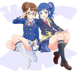  2girls :d adjusting_eyewear aikatsu! aikatsu!_(series) bad_id bad_pixiv_id blazer blue_eyes blue_hair boots brown_eyes brown_hair cosplay costume_switch crossover glasses highres isarai_kanara jacket kiriya_aoi kiriya_aoi_(cosplay) knee_boots kneehighs loafers looking_at_viewer minami_mirei minami_mirei_(cosplay) minami_mirei_(normal) multiple_girls open_mouth paprika_private_academy_school_uniform ponytail pretty_series pripara school_uniform shoes skirt smile socks starlight_academy_school_uniform white_footwear 