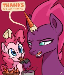  2018 absurd_res blue_eyes broken_horn carrot docwario duo equid equine female food friendship_is_magic hasbro hi_res horn horse mammal my_little_pony my_little_pony:_the_movie_(2017) mythological_creature mythological_equine mythology paint pinkie_pie_(mlp) plant pony purple_background simple_background tempest_shadow_(mlp) unicorn vegetable 