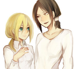  2girls bad_id bad_pixiv_id blonde_hair blue_eyes brown_eyes brown_hair freckles hair_between_eyes krista_lenz multiple_girls pomuta_(tama922) ponytail shingeki_no_kyojin shirt short_hair smile white_background white_shirt ymir_(shingeki_no_kyojin) 