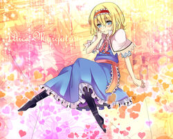  alice_margatroid black_pantyhose blonde_hair blue_eyes blush capelet commentary_request female finger_to_mouth hairband heart mushi_baibai pantyhose solo string touhou 