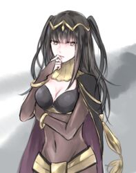  black_hair bodysuit bracelet breasts bridal_gauntlets cape cleavage female fire_emblem fire_emblem_awakening fire_emblem_heroes jewelry long_hair looking_at_viewer medium_breasts protected_link s_upernova solo tharja_(fire_emblem) tiara two_side_up 