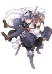  2girls armor ass bag between_breasts black_legwear blue_eyes blue_sailor_collar blue_skirt breasts brown_hair carrying closed_mouth commentary_request emblem full_body greaves helmet inue_shinsuke kasugai_kanade long_hair long_sleeves miniskirt multiple_girls necktie official_art open_mouth pantyhose photoshop_(medium) pleated_skirt princess_carry purple_eyes red_necktie sailor_collar school_bag school_uniform serafuku shirt short_hair shoujo_kishidan_x_knight_tale skirt sword tenkawa_shinobu very_long_hair weapon white_hair 