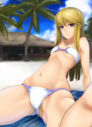  absurdres bandeau beach bikini blonde_hair blurry breasts commentary_request day depth_of_field female foreshortening highres hut kugimiya_kei long_hair majestic_prince navel outdoors palm_tree purple_eyes sitting small_breasts solo spread_legs stomach strapless swimsuit tree wantsupanchi!! white_bikini 