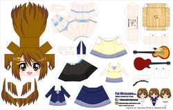  :d absurdres artist_name bikini blue_bikini breasts brown_eyes brown_hair character_name chibi commentary_request el_joey electric_guitar female guitar hair_ornament hairclip highres hirasawa_yui instrument k-on! medium_breasts open_mouth paper_cutout sakuragaoka_high_school_uniform school_uniform skirt smile solo swimsuit watermark web_address 