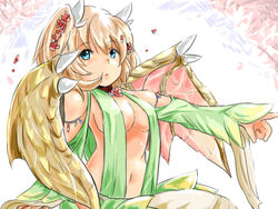  bare_shoulders blue_eyes breasts choker commentary_request dragon_girl dragon_wings echidna_(sennen_sensou_aigis) female flower hair_flower hair_ornament koko_(hm142533) large_breasts light_brown_hair navel outstretched_arm pointing sennen_sensou_aigis sitting wings 