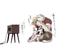  0_0 1boy 2girls ahoge albus_(zero_kara_hajimeru_mahou_no_sho) arm_wrap bare_shoulders belt belt_pouch black_shorts blonde_hair blush clenched_hand collarbone commentary_request covering_own_eyes crop_top embarrassed furry furry_male heart iwasaki_takashi long_hair long_sleeves mercenary_(zero_kara_hajimeru_mahou_no_sho) midriff multiple_girls muscular open_mouth orange_shirt peeking_through_fingers pouch red_shirt reverse_trap shirt short_shorts short_sleeves shorts silver_hair simple_background sitting sitting_on_lap sitting_on_person skin_tight smile sweatdrop television thighhighs tiger_boy translated trembling white_background white_hair white_legwear zero_(zero_kara_hajimeru_mahou_no_sho) zero_kara_hajimeru_mahou_no_sho 