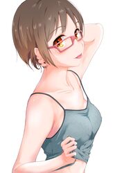  :p brown_hair camisole erect_nipples female hand_behind_head highres looking_at_viewer orange_eyes original pink-framed_glasses shirt_lift short_hair solo solvalou strap_gap tongue tongue_out upper_body white_background 