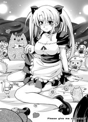  1boy 2girls :d arm_support artist_name blush breasts camera chibi choker cleavage clothes_lift commentary_request english_text flower greyscale heart large_breasts looking_at_viewer maid mary_janes mini_person minigirl monochrome multiple_girls murasame_rin open_mouth photoshop_(medium) ponytail pusheen_the_cat pusheen_the_cat_(series) shoes sitting skirt skirt_lift smile stuffed_animal stuffed_toy thighhighs tsundere twintails wariza white_day wrist_cuffs 