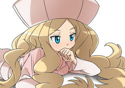  blonde_hair blue_eyes caitlin_(pokemon) commentary_request covering_own_mouth curly_hair female hands_on_own_hips hat kounosu_satori long_hair lying on_stomach pokemon pokemon_bw pokemon_bw2 solo very_long_hair white_background 