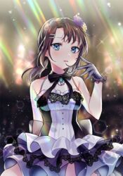  bang_dream! black_bow black_gloves blue_eyes bow breasts brown_hair commentary_request dress female flower gloves hair_flower hair_ornament hairclip hand_up long_hair medium_breasts okusawa_misaki parted_lips purple_flower purple_rose rose sleeveless sleeveless_dress solo tiny_(tini3030) white_dress yellow_flower yellow_rose 