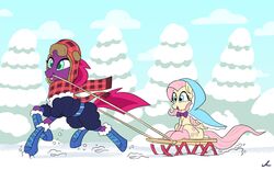  2018 clothing docwario duo equid equine female fluttershy_(mlp) friendship_is_magic hasbro hat headgear headwear hi_res horn mammal my_little_pony my_little_pony:_the_movie_(2017) mythological_creature mythological_equine mythology pegasus scarf sled snow tempest_shadow_(mlp) unicorn wings winter 