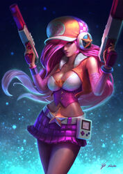  arcade_miss_fortune arm_warmers bangle belt big_hair blue_background blue_eyes bracelet breasts buttons cabbie_hat cameo cassio_yoshiyaki cleavage collaboration commentary corset cowboy_shot crop_top cropped_vest dual_wielding earmuffs english_commentary female floating_hair game_boy game_boy_(original) gradient_hair gun hair_ornament hair_over_one_eye hairclip handgun handheld_game_console hat highres holding holding_gun holding_weapon jewelry large_breasts league_of_legends light_gun light_purple_hair lips long_hair looking_at_viewer midriff miniskirt miss_fortune_(league_of_legends) multicolored_hair nail_polish narrow_waist navel nose official_alternate_costume patricia_kelen pink_hair pink_nails pink_theme purple_skirt signature skirt solo standing star_(symbol) tan trigger_discipline vest weapon 