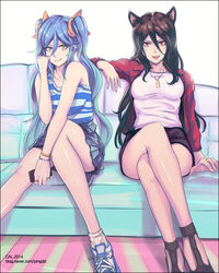  2girls :d ahri_(league_of_legends) animal_ears artist_name bad_link blue_hair bracelet breasts brown_hair cal_(pmgdd) casual cellphone couch crossed_legs earrings facial_mark fox_ears fox_tail grin hair_ribbon head_tilt highres jacket jewelry large_breasts league_of_legends long_hair looking_at_viewer multiple_girls multiple_tails necklace oerba_yun_fang open_clothes open_jacket open_mouth phone photoshop_(medium) plaid plaid_skirt red_eyes ribbon ring sandals shirt shoes sitting skirt smile sneakers sona_(league_of_legends) striped_clothes striped_shirt tail twintails watermark web_address whisker_markings yellow_eyes 