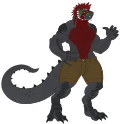  abs absurd_res anthro argonian barefoot biceps big_muscles bottomwear claws clothed clothing darknaig fangs feet green_body green_scales grey_body grey_scales hair hi_res male microsoft muscular muscular_male pecs red_body red_hair red_scales reptile scales scalie shorts simple_background smile solo standing tagg teeth the_elder_scrolls toe_claws topless triceps white_background yellow_sclera 