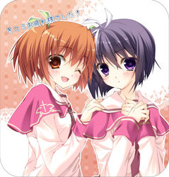  2girls ;d asukai_shio black_hair blush brown_eyes brown_hair commentary_request hand_on_own_chest highres long_sleeves looking_at_viewer multiple_girls one_eye_closed open_mouth own_hands_together photoshop_(medium) purple_eyes school_uniform short_hair smile suzushiro_atsushi takahashi_sachiho twinkle_crusaders twintails uniform upper_body 