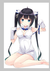  bad_id bad_pixiv_id barefoot black_hair blue_eyes blue_ribbon bow breasts cleavage cleavage_cutout clothing_cutout dress dungeon_ni_deai_wo_motomeru_no_wa_machigatteiru_darou_ka female gloves hair_ribbon hestia_(danmachi) large_breasts long_hair looking_at_viewer natsuki_shuri pencil_dress rei_no_himo ribbon sitting smile solo twintails wariza white_dress white_gloves 