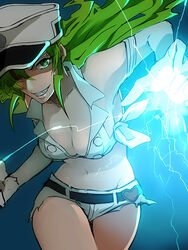  bad_id bad_pixiv_id belt bleach bleach:_sennen_kessen-hen breasts candice_catnipp cleavage crop_top elbow_gloves electricity electrokinesis female gloves glowing green_eyes green_hair hat heart large_breasts long_hair magic micro_shorts midriff military_hat navel peaked_cap photoshop_(medium) quincy_(bleach) shorts solo wandenreich wandenreich_uniform yukin_(es) 