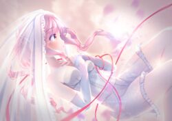  absurdres arm_warmers azur_lane bad_id bad_pixiv_id blush breasts dress female frills highres juno_(azur_lane) long_hair looking_to_the_side medium_breasts pink_hair profile red_ribbon ribbon simple_background solo string string_of_fate unwitherer veil wedding_dress 