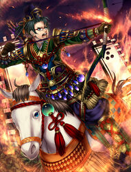  1boy arrow_(projectile) banner black_hair bow_(weapon) chinese_knot commentary_request crest drawing_bow falseele family_crest fire flag flaming_arrow gauntlets gem glasses gloves green_eyes hat highres holding holding_arrow holding_bow_(weapon) holding_weapon horse horseback_archery horseback_riding ichimonji_mitsuboshi_(crest) japanese_clothes leaf male_focus mori_takamoto nobori open_mouth original ponytail quiver riding samurai sengoku_taisen solo tate_eboshi weapon 