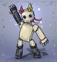  anatomy_error anthro arthropod blue_eyes deidad_dissitum gesture glistening glistening_body hi_res horn machine metal metallic_body multicolored_claws multicolored_horn nonbinary_(lore) prototype_(regretevator) regretevator roblox robot robot_anthro smile waving white_body 