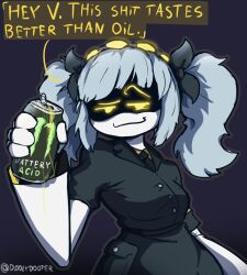  :3 accessory belt big_breasts bottomwear bow_ribbon breasts button_(fastener) can clothing container dialogue diddlydooter1 disassembly_drone earless eyebrows female glitch_productions glowing glowing_eyes grey_hair hair hazard_stripes headband hi_res holding_can holding_container holding_object humanoid j_(murder_drones) looking_at_viewer machine monster_energy murder_drones necktie noseless office_lady offscreen_character pencil_skirt pockets raised_eyebrow robot robot_humanoid short_hair skirt smile smirk smug smug_face smug_grin solo speech_bubble suit suit_jacket talking_to_viewer text thick_thighs twintails twintails_(hairstyle) unusual_anatomy white_body white_hair wide_hips yellow_eyes yellow_text 