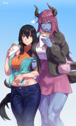  2girls artist_name bag black_hair blue_background blue_skin breasts closed_eyes coat colored_skin colored_tongue commentary_request cowboy_shot crepe demon_girl demon_horns demon_tail denim eating food handbag highres holding holding_crepe holding_food horns jeans jewelry large_breasts light_blush locked_arms long_hair looking_at_another midriff mizuumi_(bb) monster_girl multiple_girls navel necklace oerba_yun_fang open_mouth original pants purple_eyes purple_hair purple_tongue simple_background skin_fang skirt smile sweater tail toned toned_female yuri 