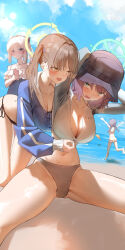  4girls aqua_eyes arms_behind_head arms_up beach bikini black_bikini black_hair blue_archive blue_hair blue_halo blue_hoodie blue_jacket blue_one-piece_swimsuit blue_sky braid breasts brown_hair casual_one-piece_swimsuit cleavage collarbone day frilled_one-piece_swimsuit frills green_halo grey_halo hair_intakes halo highres hood hood_down hoodie jacket jakusha_shiro kneepits large_breasts long_sleeves looking_at_another looking_at_viewer low_twin_braids miyako_(blue_archive) miyako_(swimsuit)_(blue_archive) miyu_(blue_archive) miyu_(swimsuit)_(blue_archive) moe_(blue_archive) moe_(swimsuit)_(blue_archive) multicolored_jacket multiple_girls navel ocean off-shoulder_one-piece_swimsuit off_shoulder official_alternate_costume official_alternate_hairstyle one-piece_swimsuit outdoors puffy_long_sleeves puffy_sleeves purple_eyes rabbit_platoon_(blue_archive) rash_guard saki_(blue_archive) saki_(swimsuit)_(blue_archive) sitting sky soles swimsuit twin_braids twintails two-tone_jacket unzipping white_bikini white_hair white_jacket yellow_eyes yellow_halo 