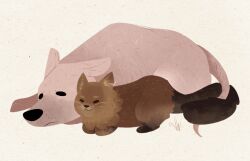  2015 alternate_species ambiguous_gender black_nose brown_body brown_fur canid canine canis digital_media_(artwork) digital_painting_(artwork) domestic_cat domestic_dog dot_eyes duo entwined_tails felid feline felis feral frown fur furrification german_shepherd herding_dog iirene johanna_mason katniss_everdeen loaf lying maine_coon mammal notched_ear on_front painting_(artwork) pastoral_dog pink_body pink_skin scar shaved_pussy simple_background simple_eyes smile snout tail tail_coil the_hunger_games whisker_spots whiskers white_background white_whiskers 